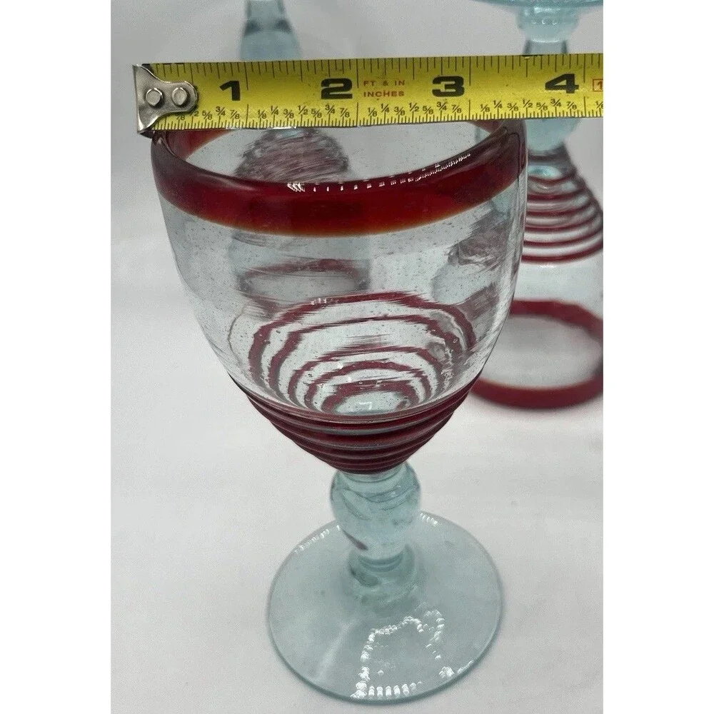 Mexican Hand Blown Art Glass Wine Goblets Set of 5 Red Rim Aqua Stem Swirl